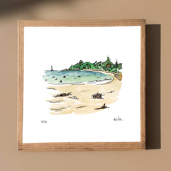 Akvarel: Fogéo Strand, Bretagne, FR (15x15 cm) for engroshandel hos Atelier Nunila