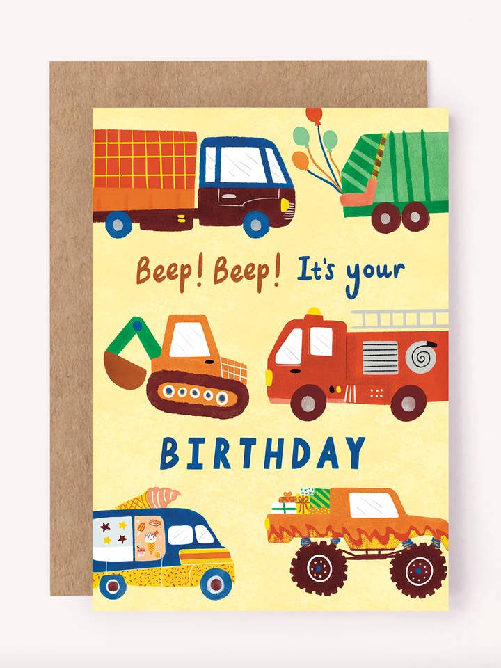 Vehicles Happy Birthday Card - Cute Kids Trucks Digger Bday for wholesale by Lauren Sissons Studio