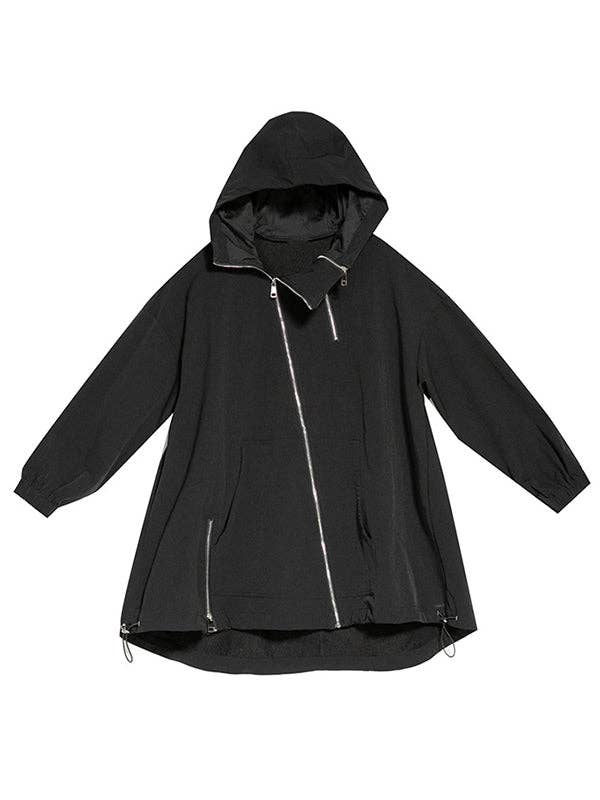 BLACK Fashion Irregularity Loose Solid Color Zipper Hooded Outerwear for wholesale on Faire17