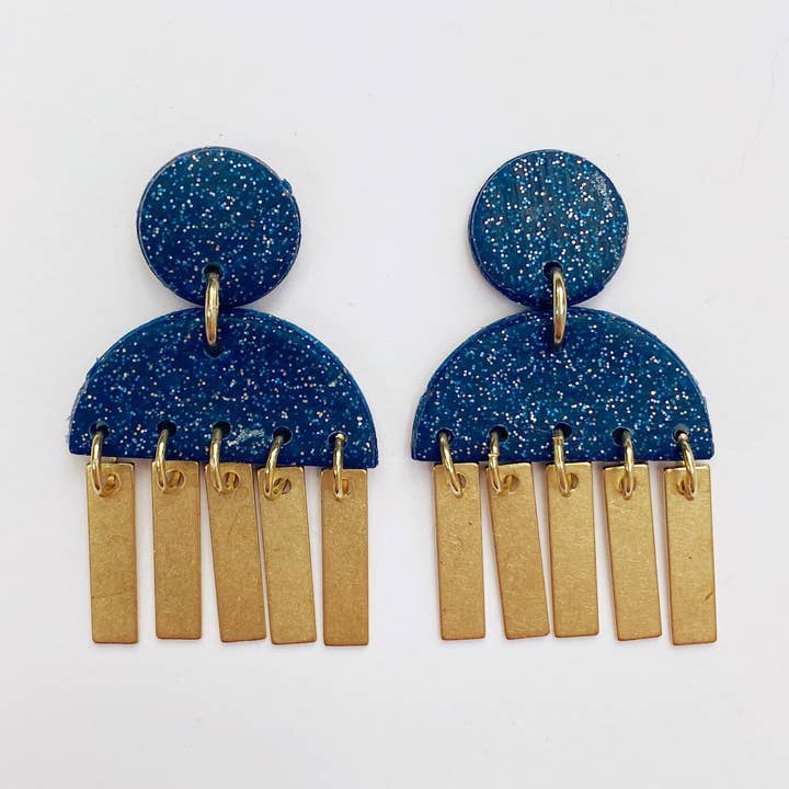 Harper Studs - Navy Glitter with Brass Drops for wholesale by Like Wildflower