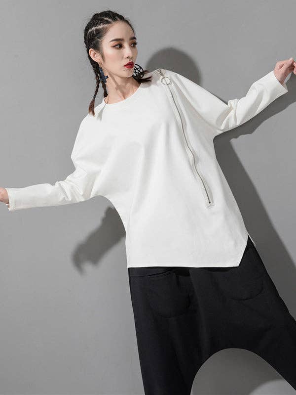 Sheer Trend - Wholesale Tunic - Women's - Black&White Asymmetric Zipper Split-Joint Loose T-Shirt Tops1