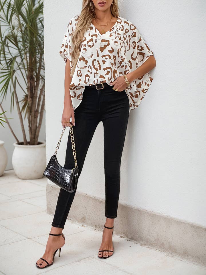 Brown V-neck Loose Leopard Print Shirt for wholesale on Faire2