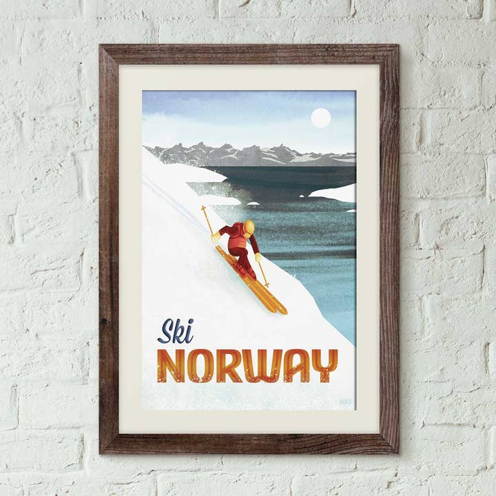 Norvège, ski - Affiche de voyage de style vintage pour la vente par Missy Ames Design and Illustration