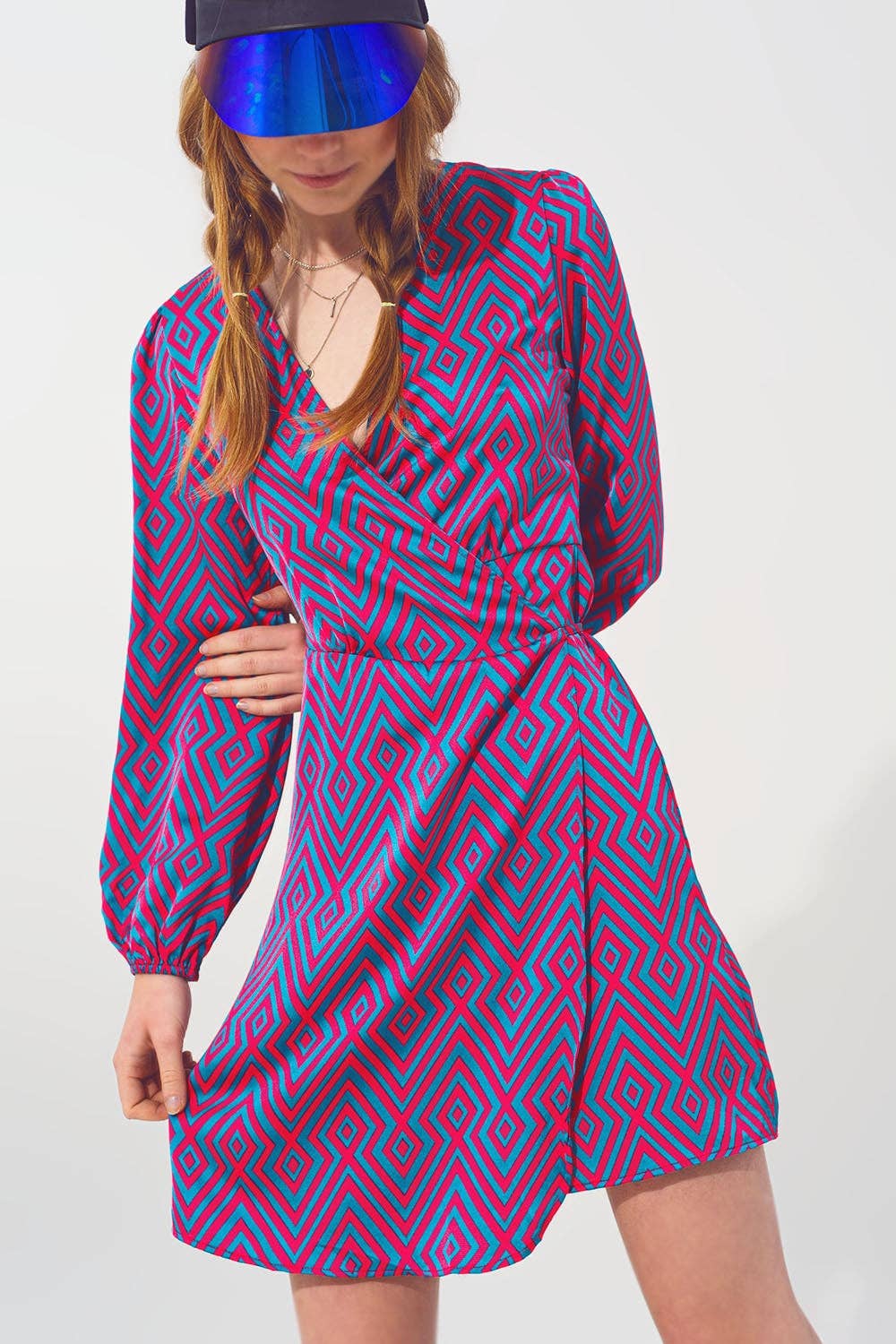 Fuchsia Mini V Neck Wrap Dress with Geometric Print for wholesale on Faire