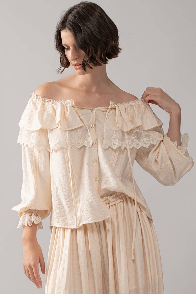 Urban Daizy - Wholesale Blouse - Women's - Lace Trim Ruffle Tie Neck Spring Blouse Top0