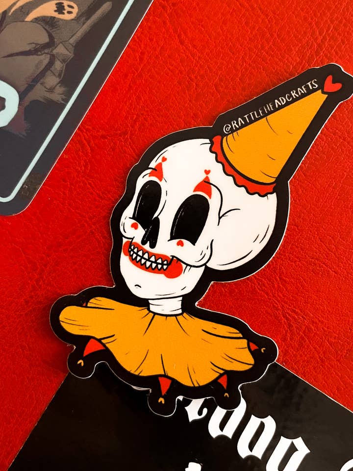 Always Smiling Skeleton Clown Sticker for wholesale by Rattlehead Crafts