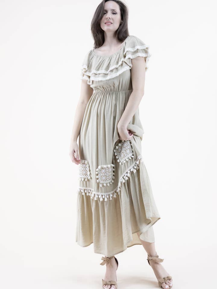 Tassel Trim Ruffle Off Shoulder Maxi Dress for wholesale by Original USA