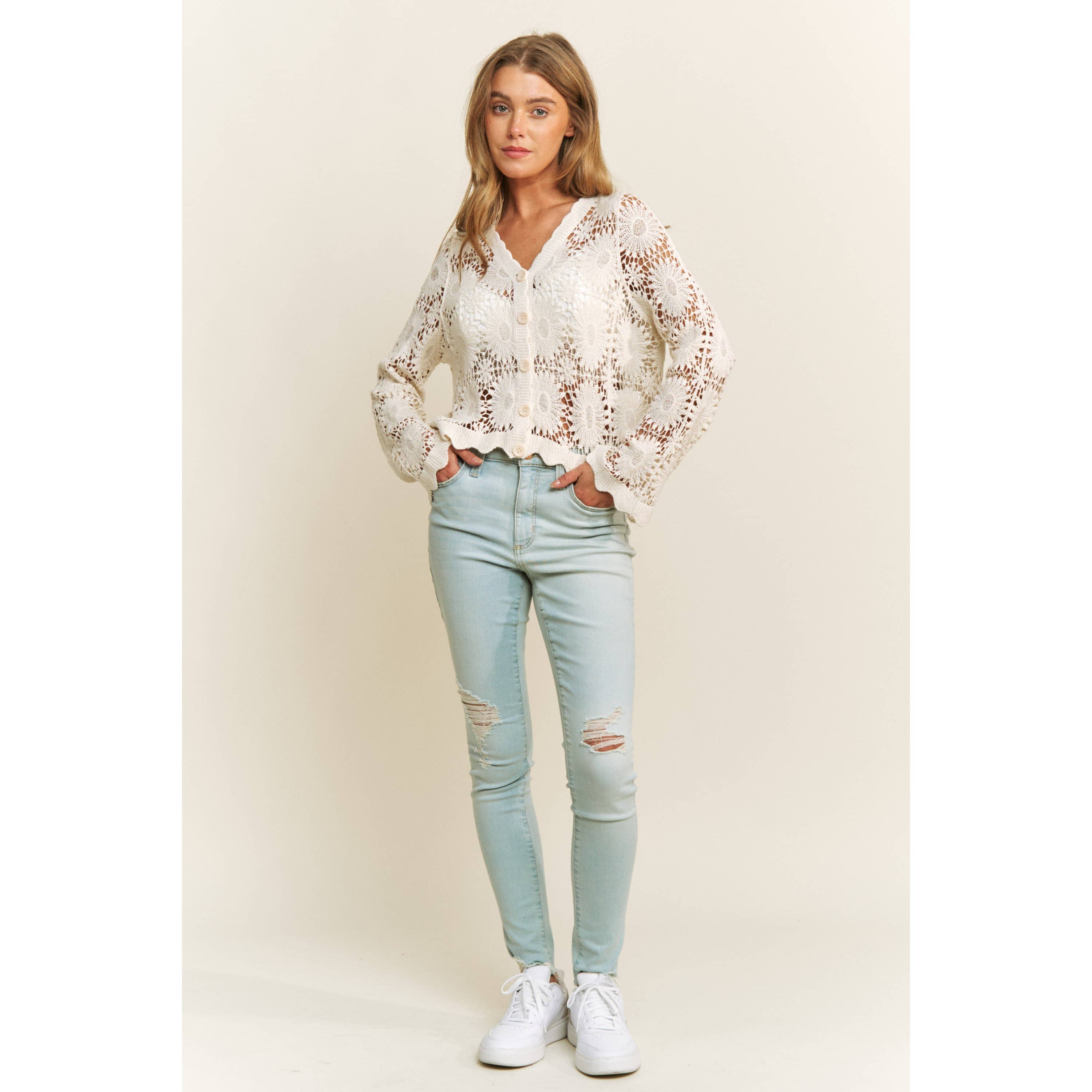 Sweet Generis - Wholesale Lounge Top - Women's - SCALLOP LACE FLORAL CROCHET BUTTON DOWN TOP10