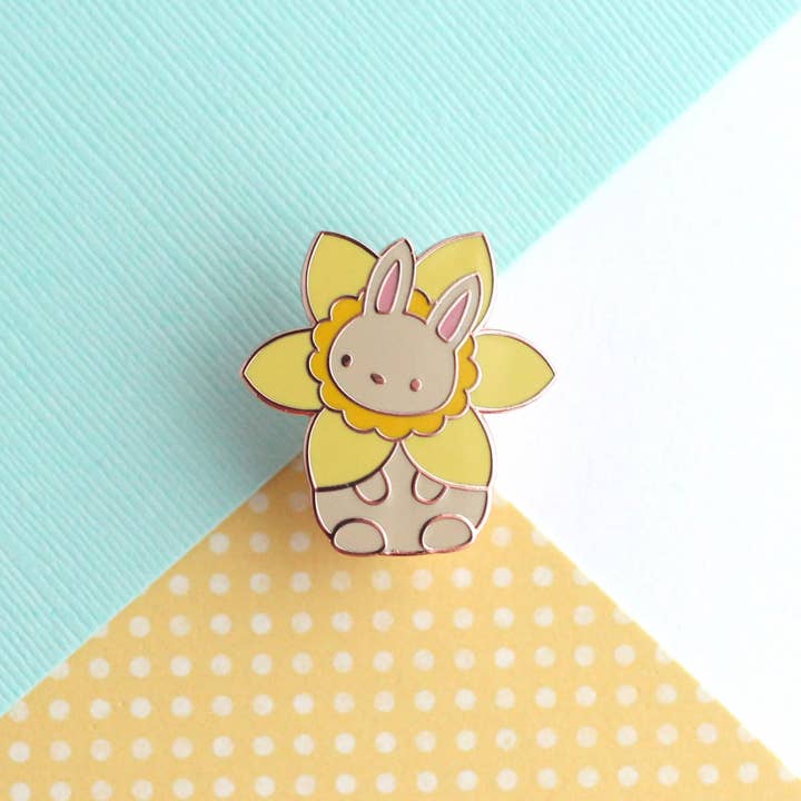 Daffodil Bunny Enamel Pin. Cute Rabbit Lapel Pin. Easter Pin for wholesale by Wild Whimsy Woolies