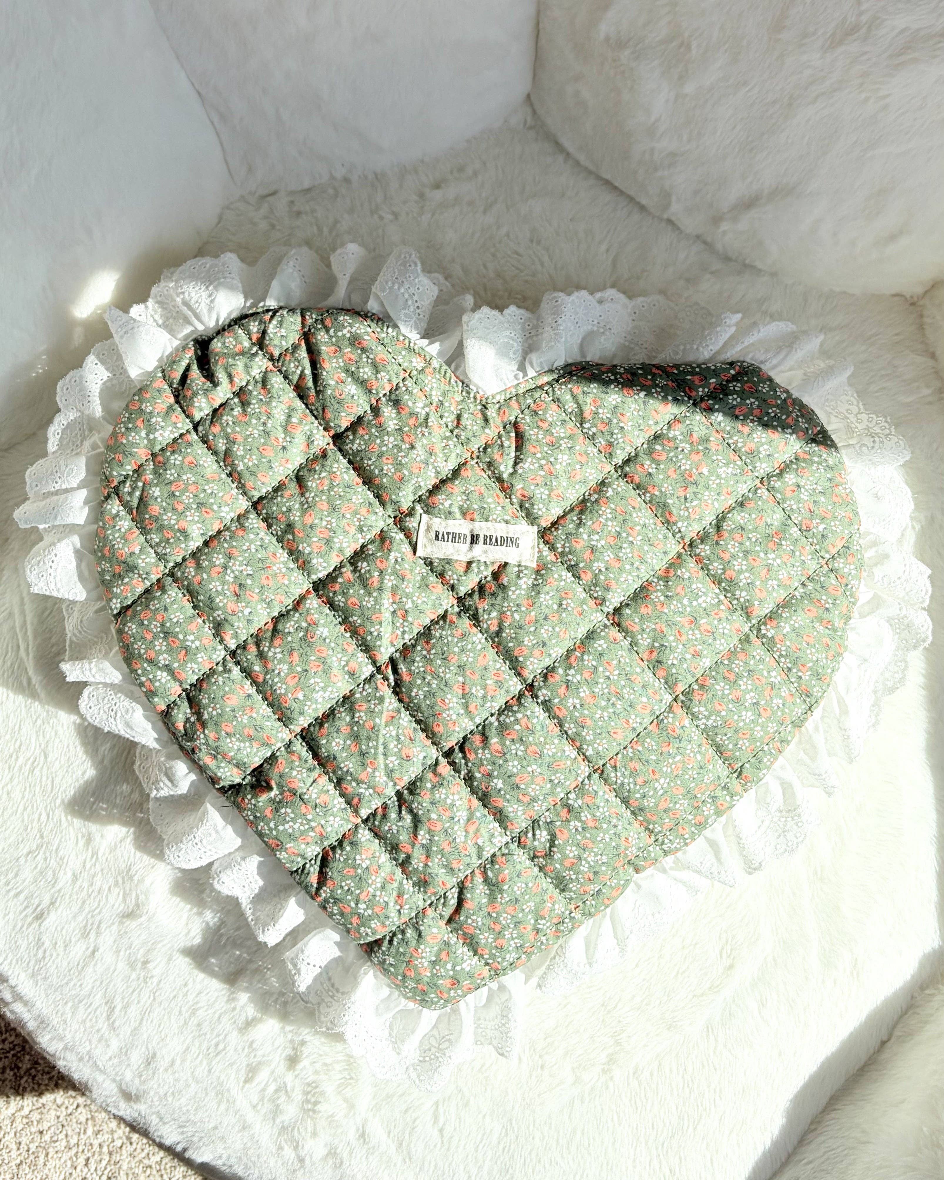 The Bean Workshop - Wholesale Tote Bag - Women's - Rather Be Reading Green Quilted Heart Tote Bag with Ruffled Lace Trimming6