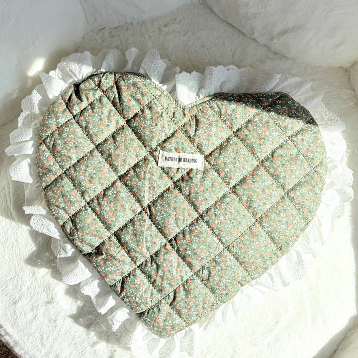 The Bean Workshop - Wholesale Tote Bag - Women's - Rather Be Reading Green Quilted Heart Tote Bag with Ruffled Lace Trimming6