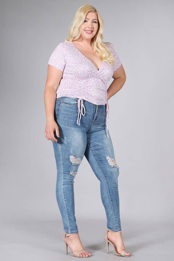 Lilac Plus Size Ditsy Print Ruched Knit Top - KY17995-T for wholesale on Faire4