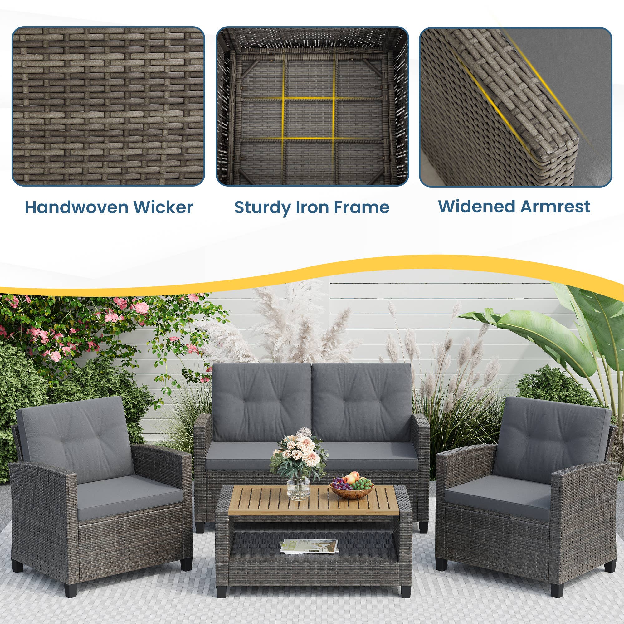 Heynemo - Wholesale Patio Set - 4-Piece Patio Furniture Set, Wicker Patio Conversation Set6