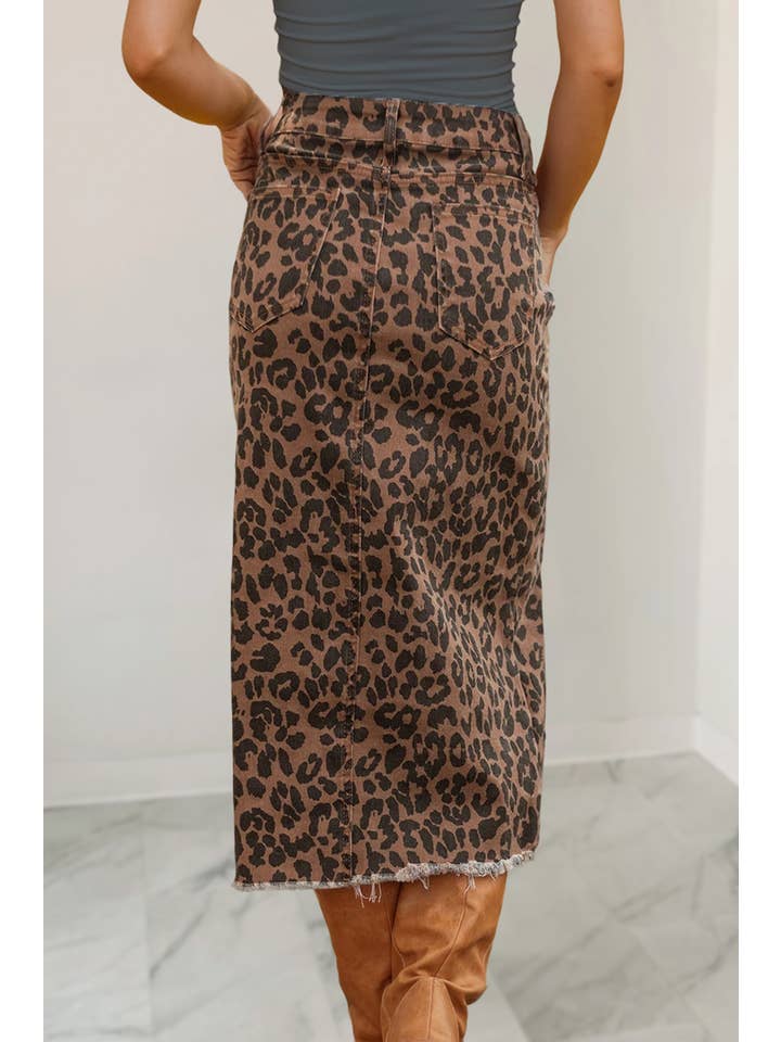 As shown Leopard Print Split Denim Midi Skirt | S-XL for wholesale on Faire1