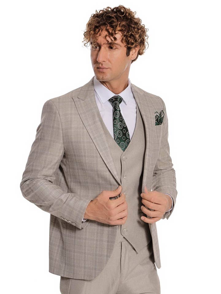 Traje ajustado a cuadros color crema para hombre - Wessi para venta al por mayor de Wessi