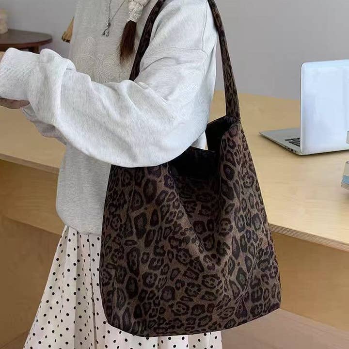 Suede Leopard Print Vintage Chic Tote Bag for wholesale by EmberLoom