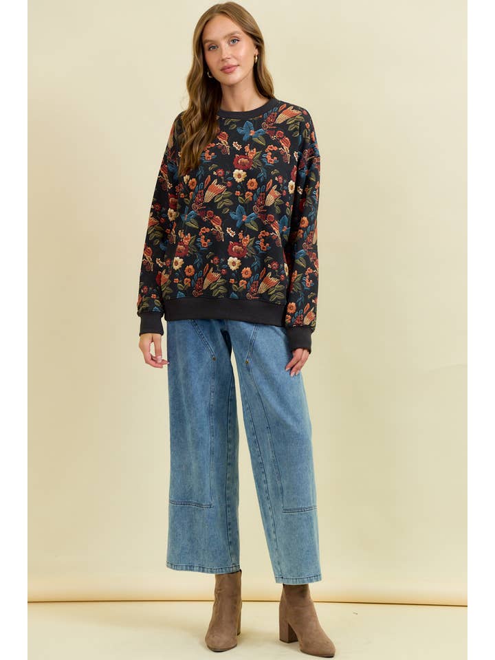 Doe and Rae - Wholesale Sweatshirt - Women's - FLORAL PRINT DROP SHOULDER PULL-OVER TOP - 45256T4