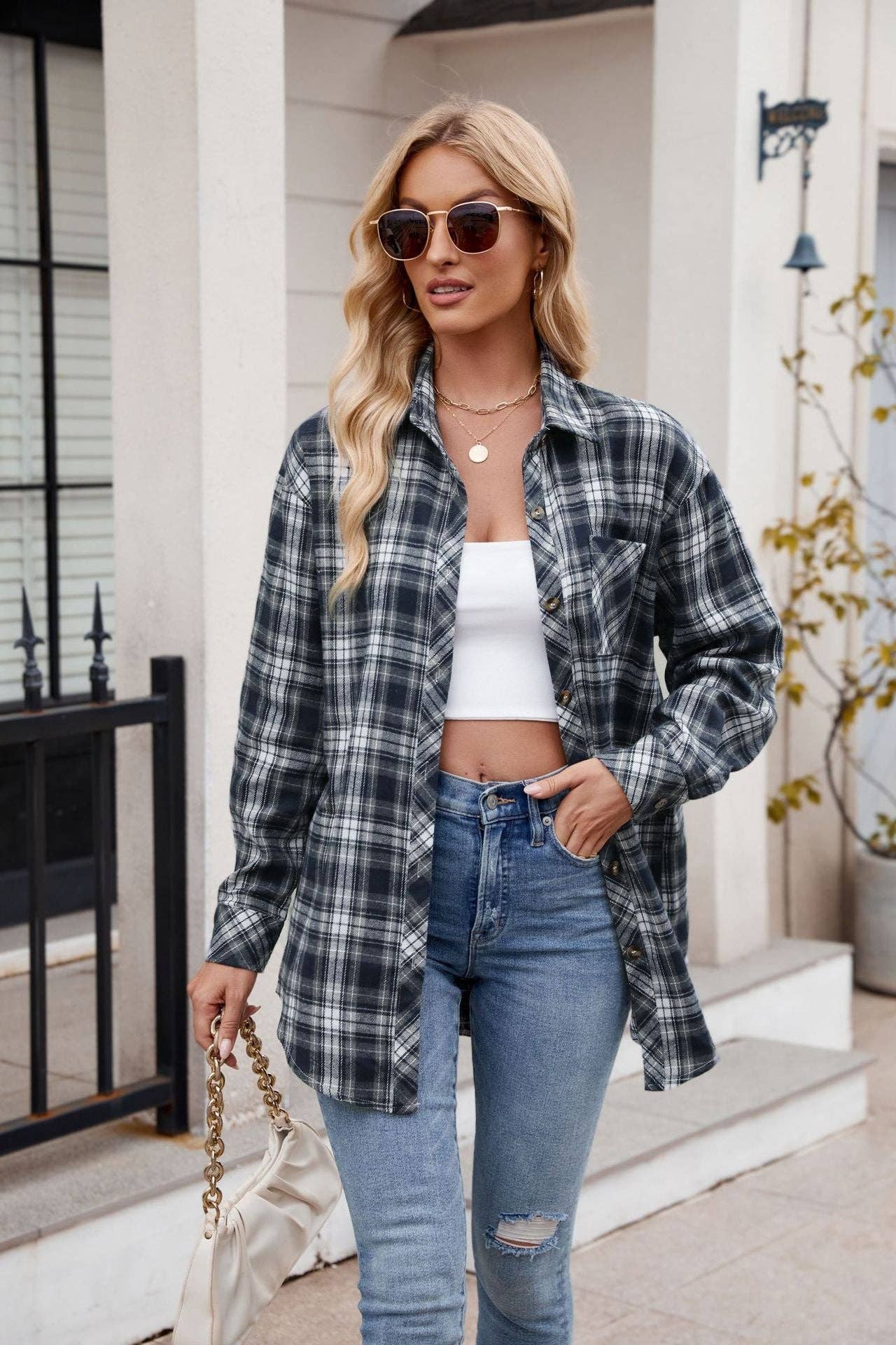 lilyandlaceboutique – wholesale Buttoned-down shirt – Women's – Casual Sexy Loose Plaid Shirt6