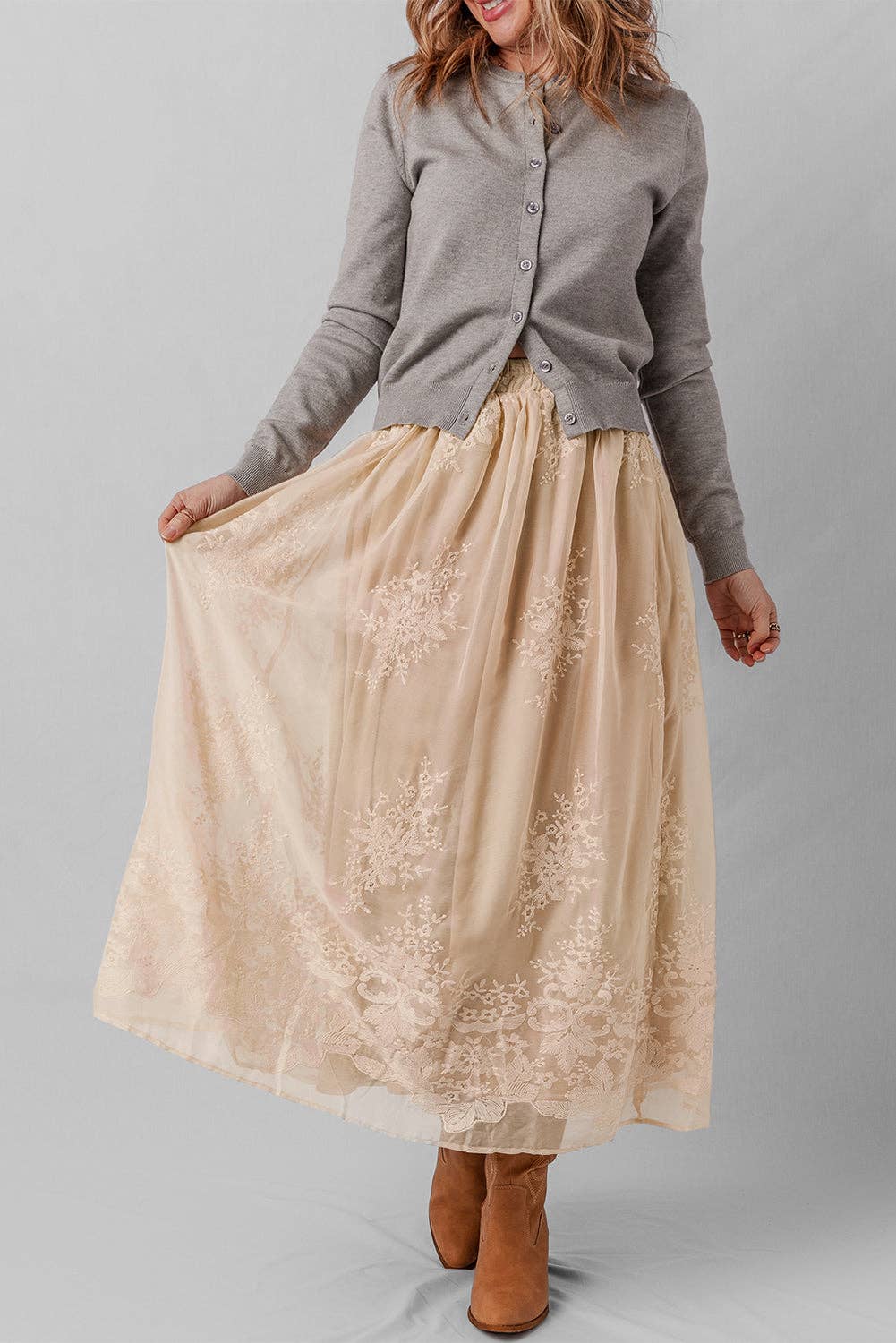 Oatmeal Embroidered Mesh Overlay Flowy Long Skirt for wholesale on Faire4