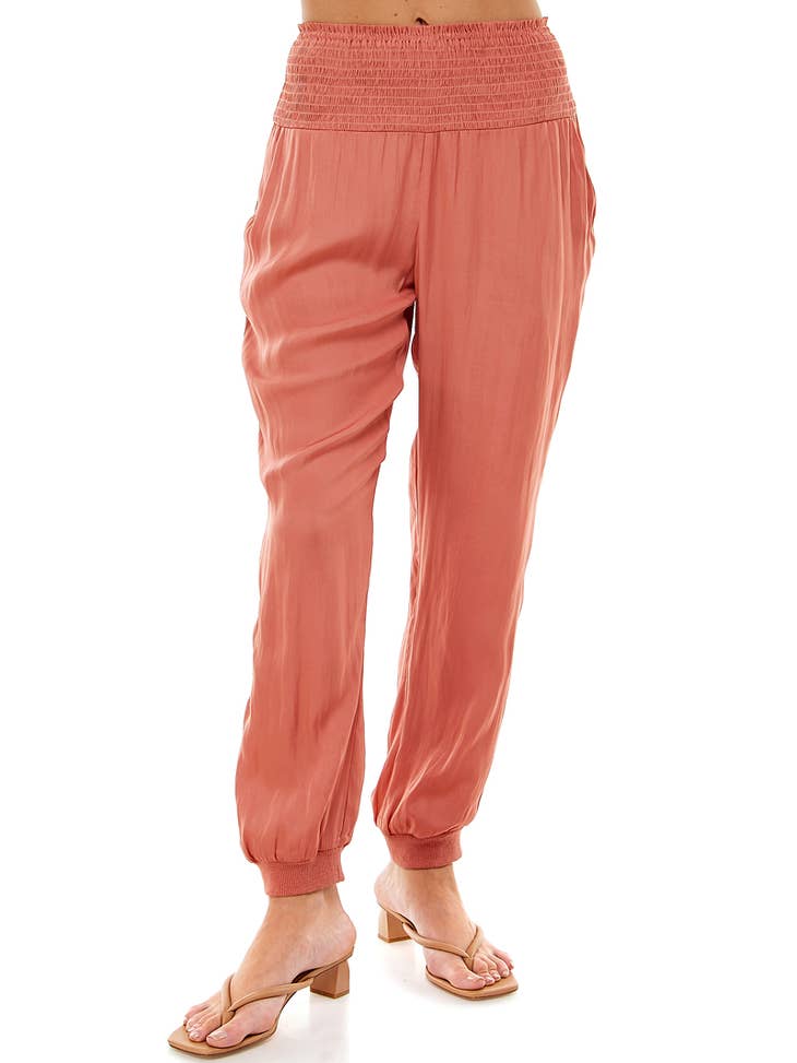 NEW Sz S Free People Movement Luxe Satin Joggers Pants Pink Blush Elastic  Waist