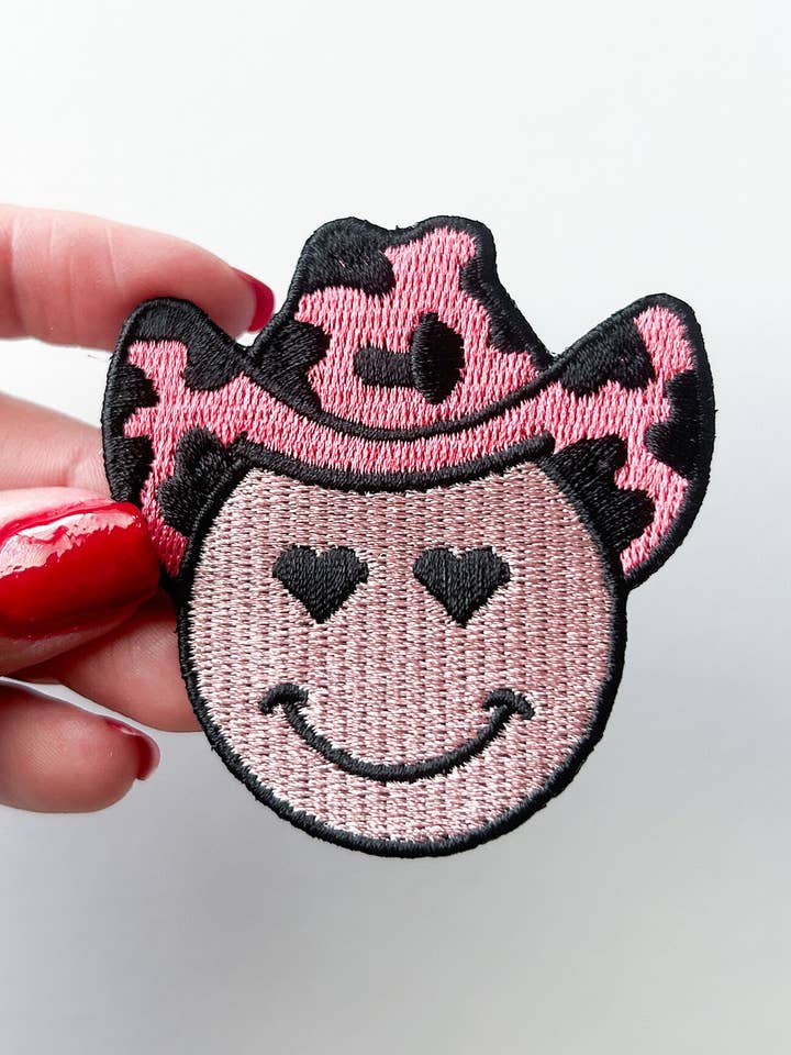Pink Smiley Cowgirl Patch Embroidered Iron-On Patch for wholesale by Field Trip Threads