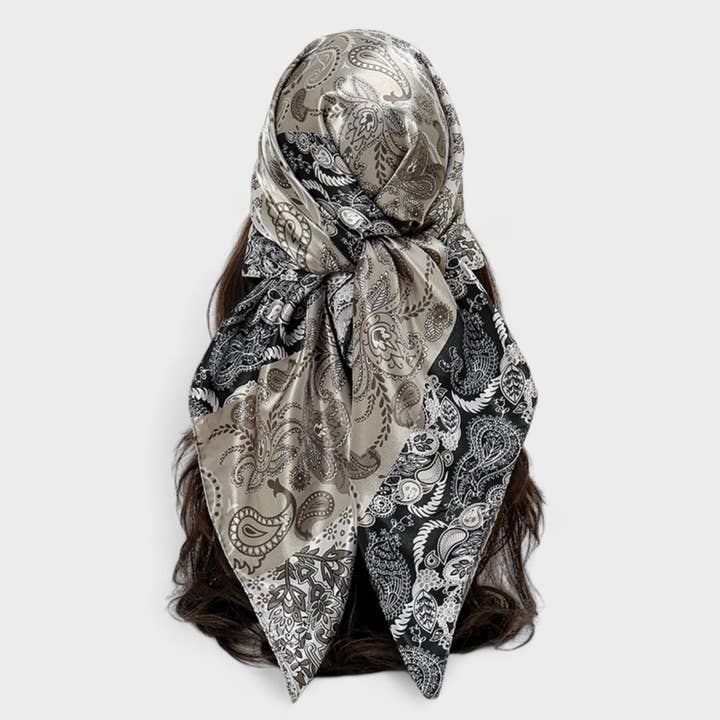 Paisley Print Satin Square Scarf with Dual-Tone Design 35.5x35.5in for wholesale by AK Brand