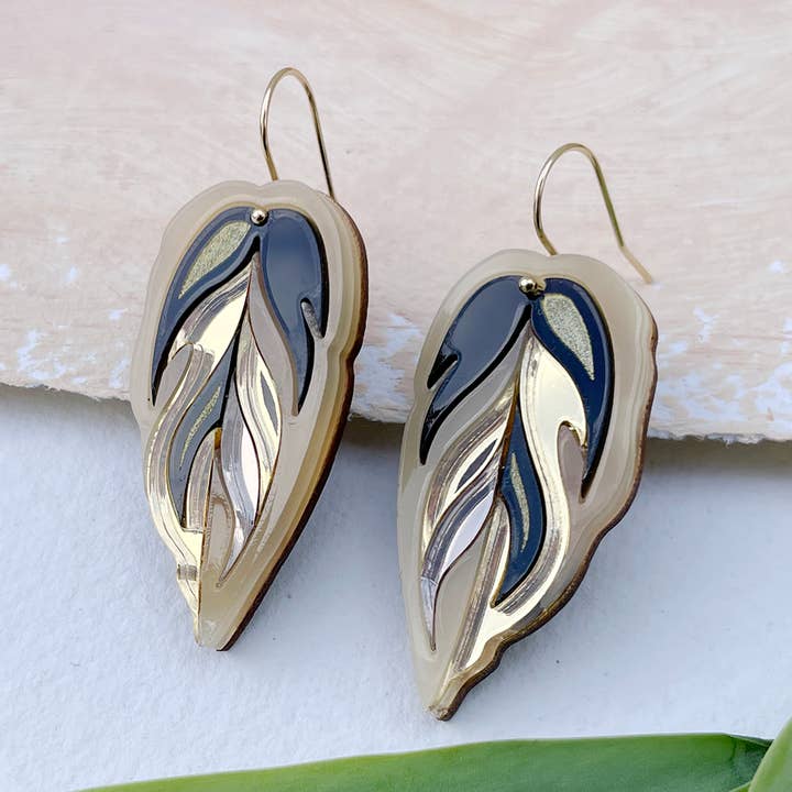 Calathea Leaf Hook Earrings : Gold & Bronze for wholesale by Rosa Pietsch