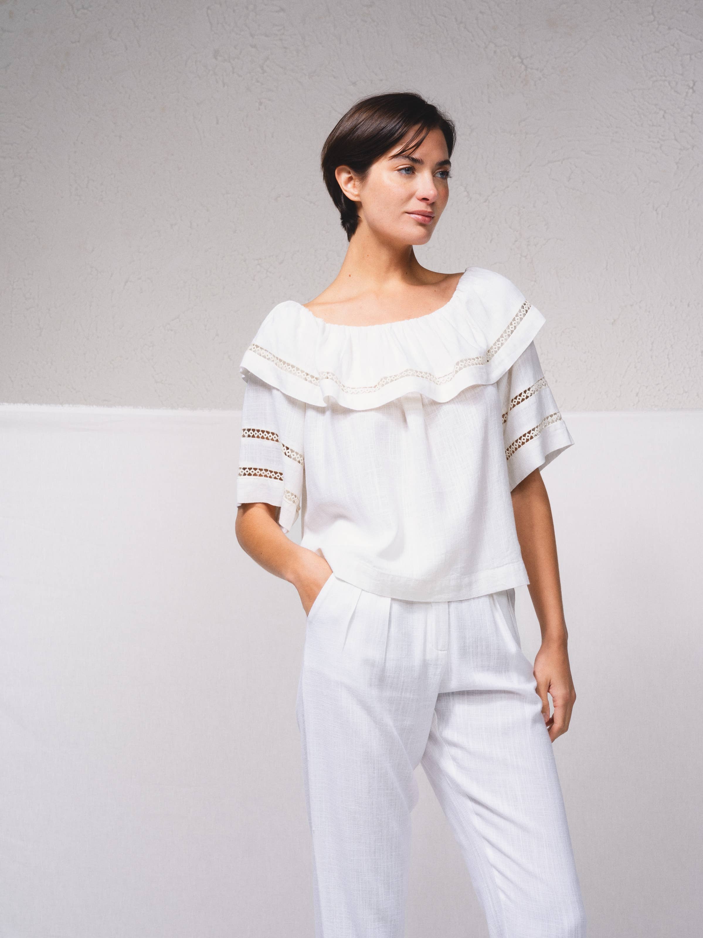 SMF - Vente Chemisier – femme - Tunique bandeau en mélange de lin avec broderies6