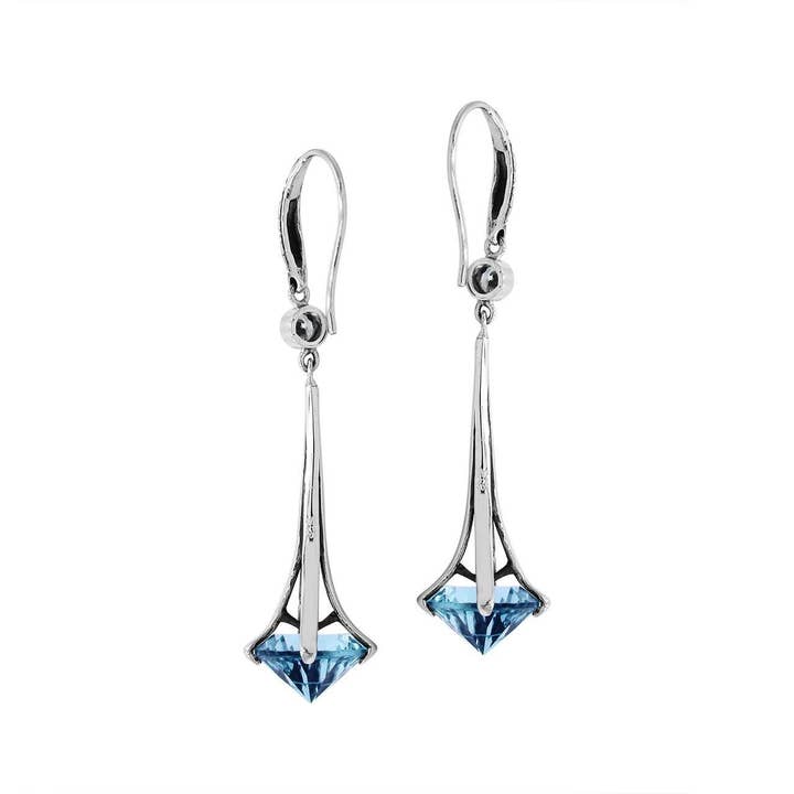 Bali Designs - Wholesale Dangle Earrings - AE-1175-BT Sterling Silver Long Blue Topaz Quartz Drop Earrings3