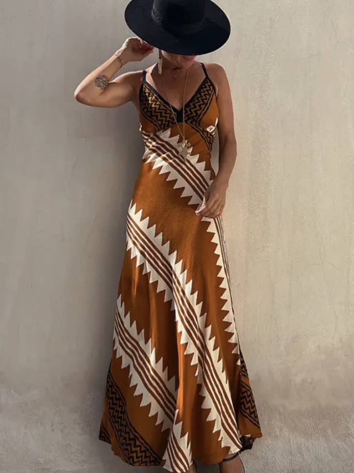 Ulivary - Wholesale Dress - Women's - Ethnic Print Slip Midi Dress with Adjustable Spaghetti Straps