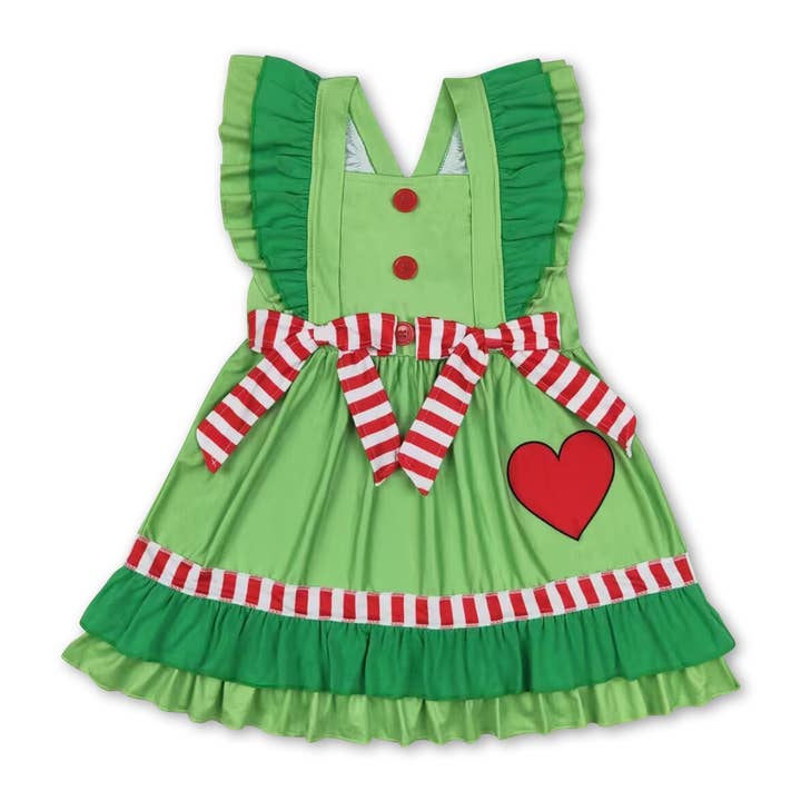 Flutter sleeves heart green face baby girls Christmas dresses for wholesale by Yawoo Garments