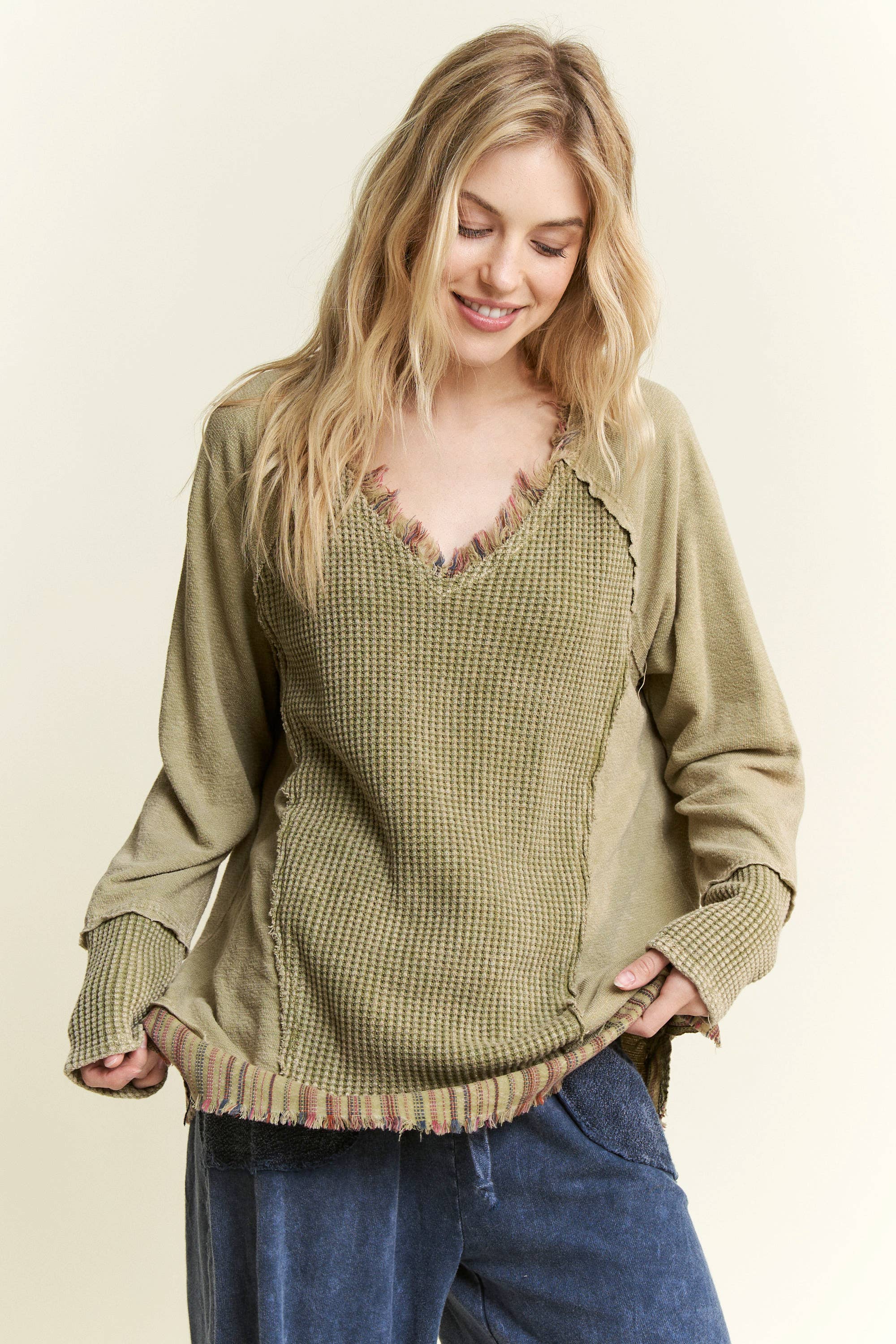 J.Her - Wholesale Knit Top - Women's - MineralWash Frayed stripe Waffle Melangie knittop  HT59110