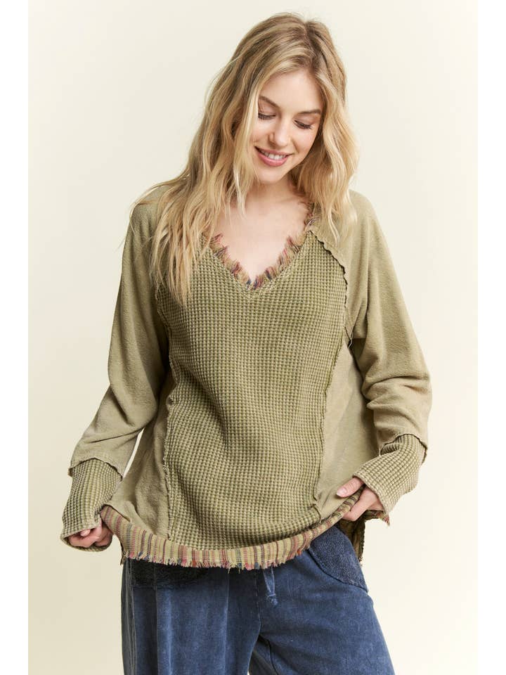 J.Her - Wholesale Knit Top - Women's - MineralWash Frayed stripe Waffle Melangie knittop HT5911