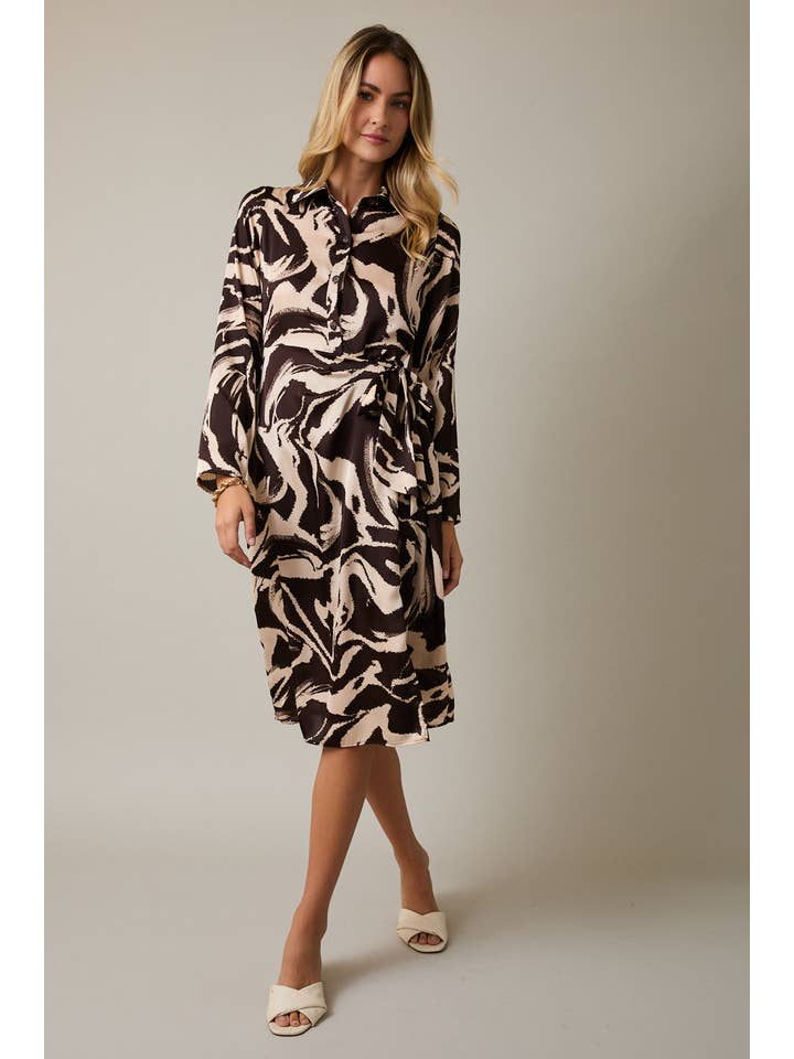 COLLAR LONG SLEEVE WAIST TIE BUTTON UP ABSTRACT MIDI DRESS for wholesale on Faire1
