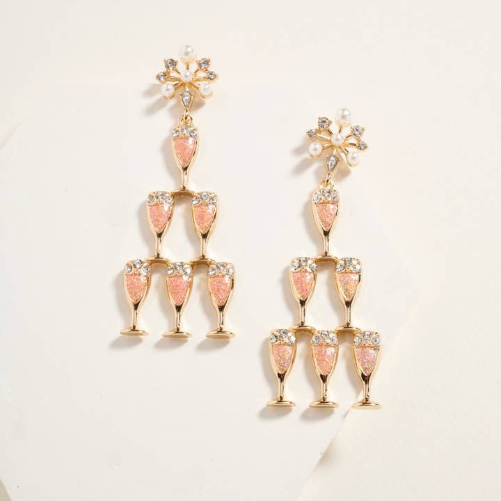 Designature New York - Wholesale Dangle Earrings - Champagne Glass Tower Glitter Party Post Earrings3