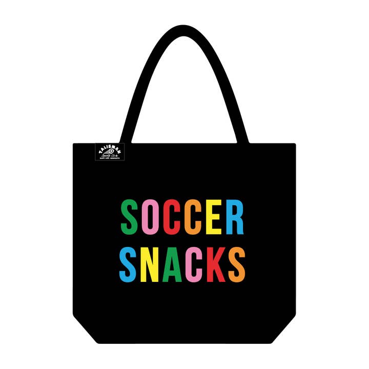 Colorful "Soccer Snacks" Black Canvas Tote for wholesale by Talisman & Co.