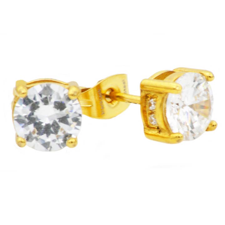 Men's 8mm Gold Stainless Steel Earrings With Cubic Zirconia for wholesale by Blackjack Mens Jewelry
