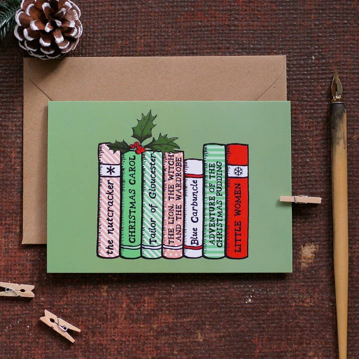 Laura Crow Illustration - Wholesale Christmas Card - Christmas Bookshelf Christmas Card