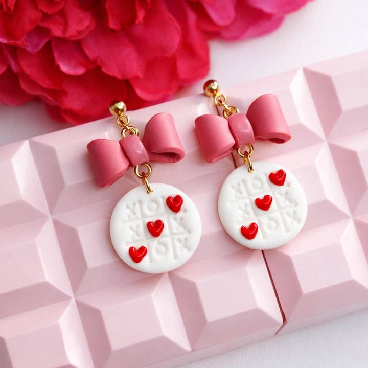 Tic Tac Toe Heart Earrings, Bow Earrings, Pink, Polymer Clay for wholesale by Studio Niani