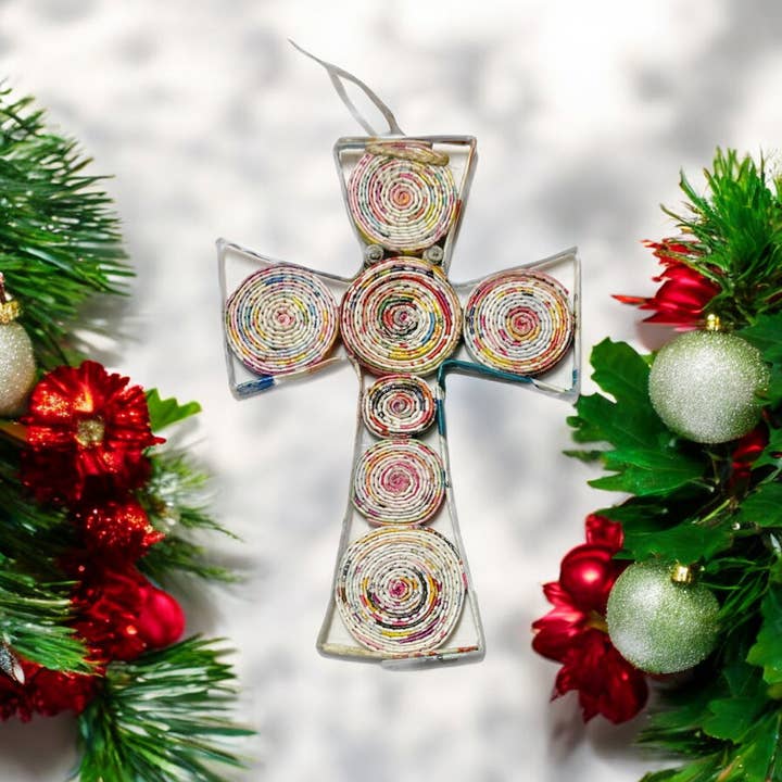 Cross Christmas Ornament - Recycled Paper for wholesale by The Upcycled Paper Company