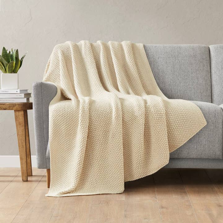 Ultra-Soft Knit Throw Blanket, Cream for wholesale by Olliix