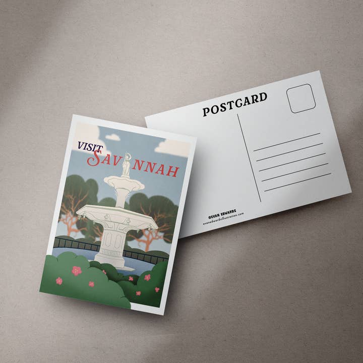 Visit Savannah Postcard - Forsyth Park for wholesale by Evan Edwards Illustration