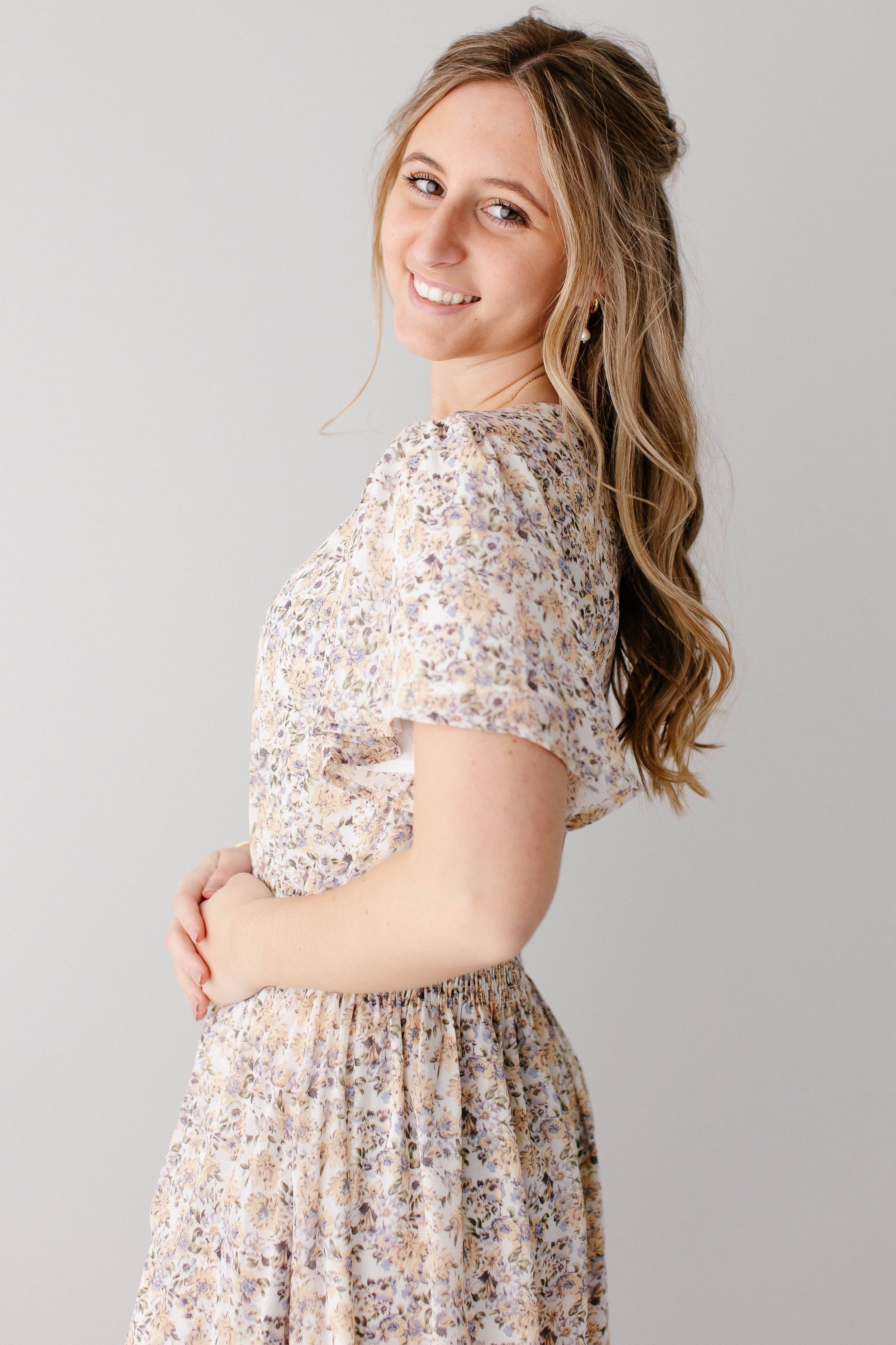 Ivory 'Felicity' Floral Print Smocked Waist Maxi Dress for wholesale on Faire3