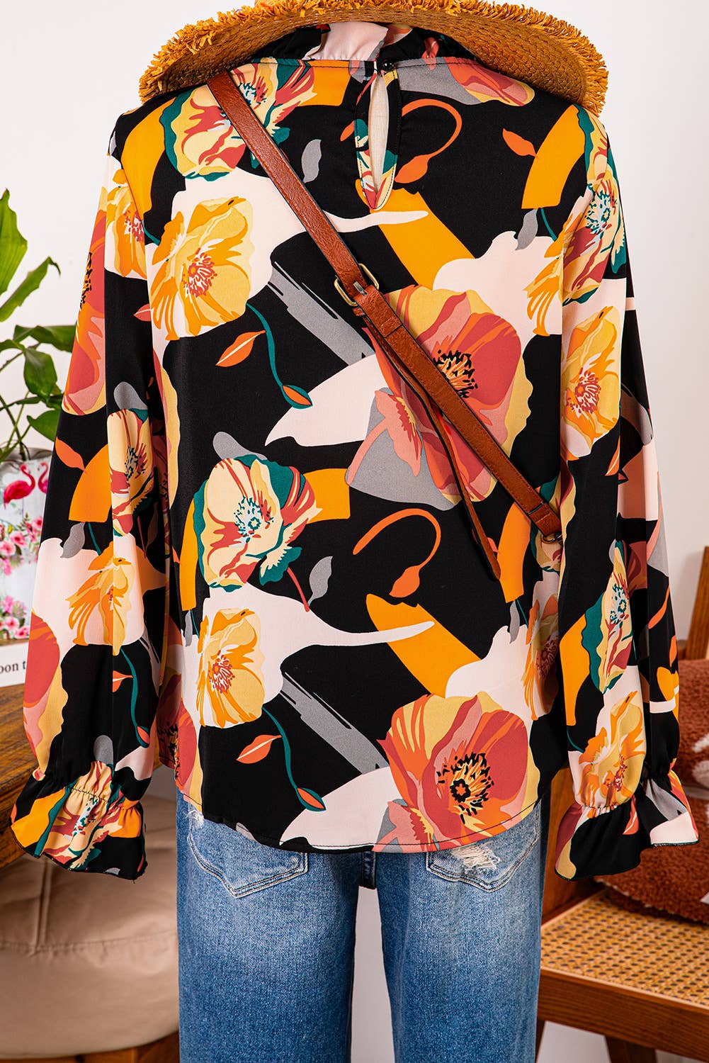 As shown Fashion-W Clothing Floral Print Mock Neck Blouse for wholesale on Faire2