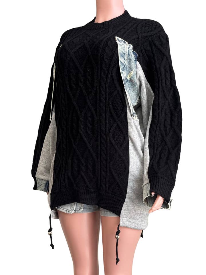 NEWGENS - Wholesale Knit Sweater - Women's - NT1036A Cable Knit Sweater with Denim Layered Details5