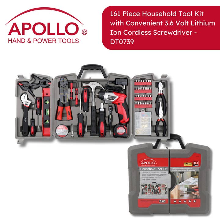 Apollo Tools - Wholesale Handy Tool - 161 Pc Household Tool Kit w 3.6v Li-ion Cordless Screwdriver2