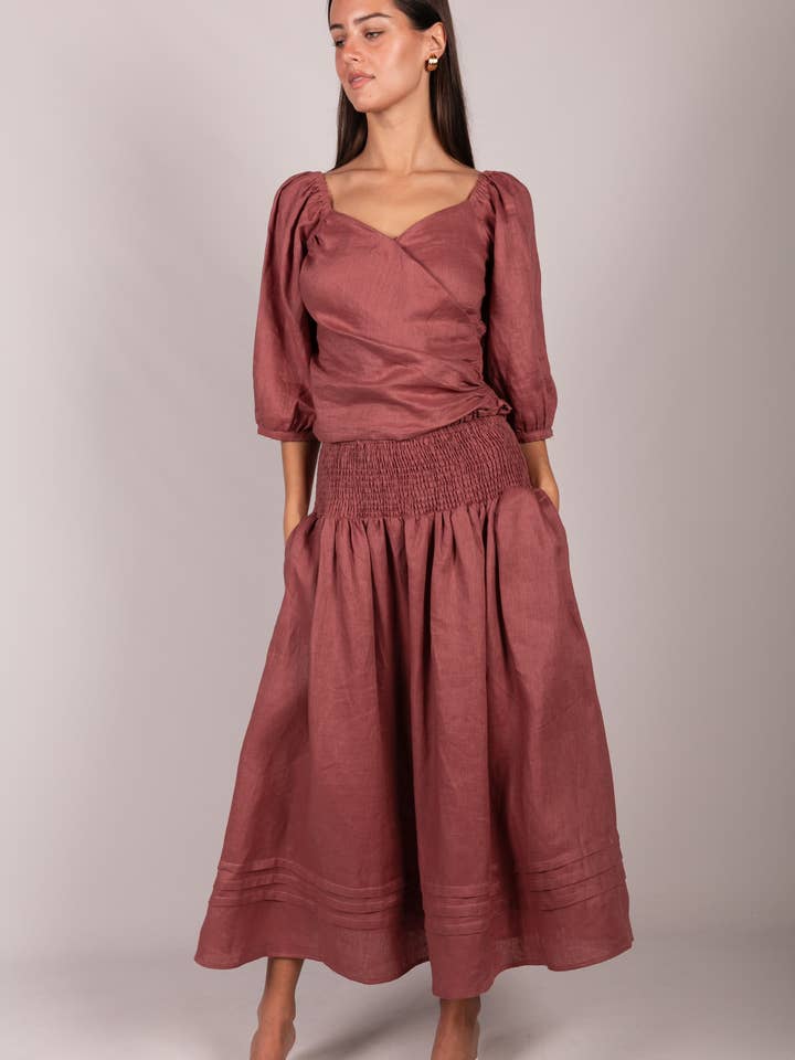 P.CILL 100% Linen Smocked Waist Maxi Skirt for wholesale by P. CILL