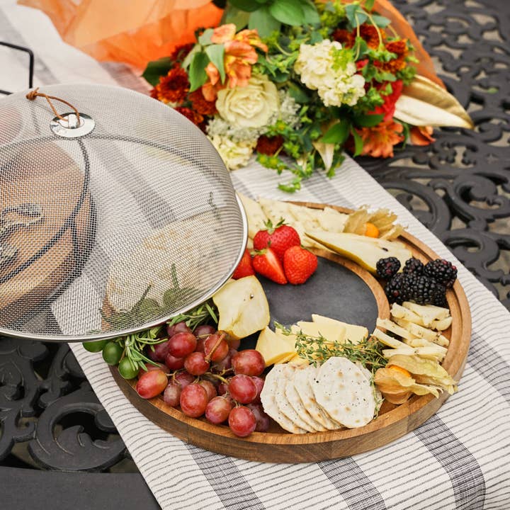 Twine - Wholesale Cheese Board - 12.5 inch Acacia and Slate Cheese Board Metal Mesh Dome2