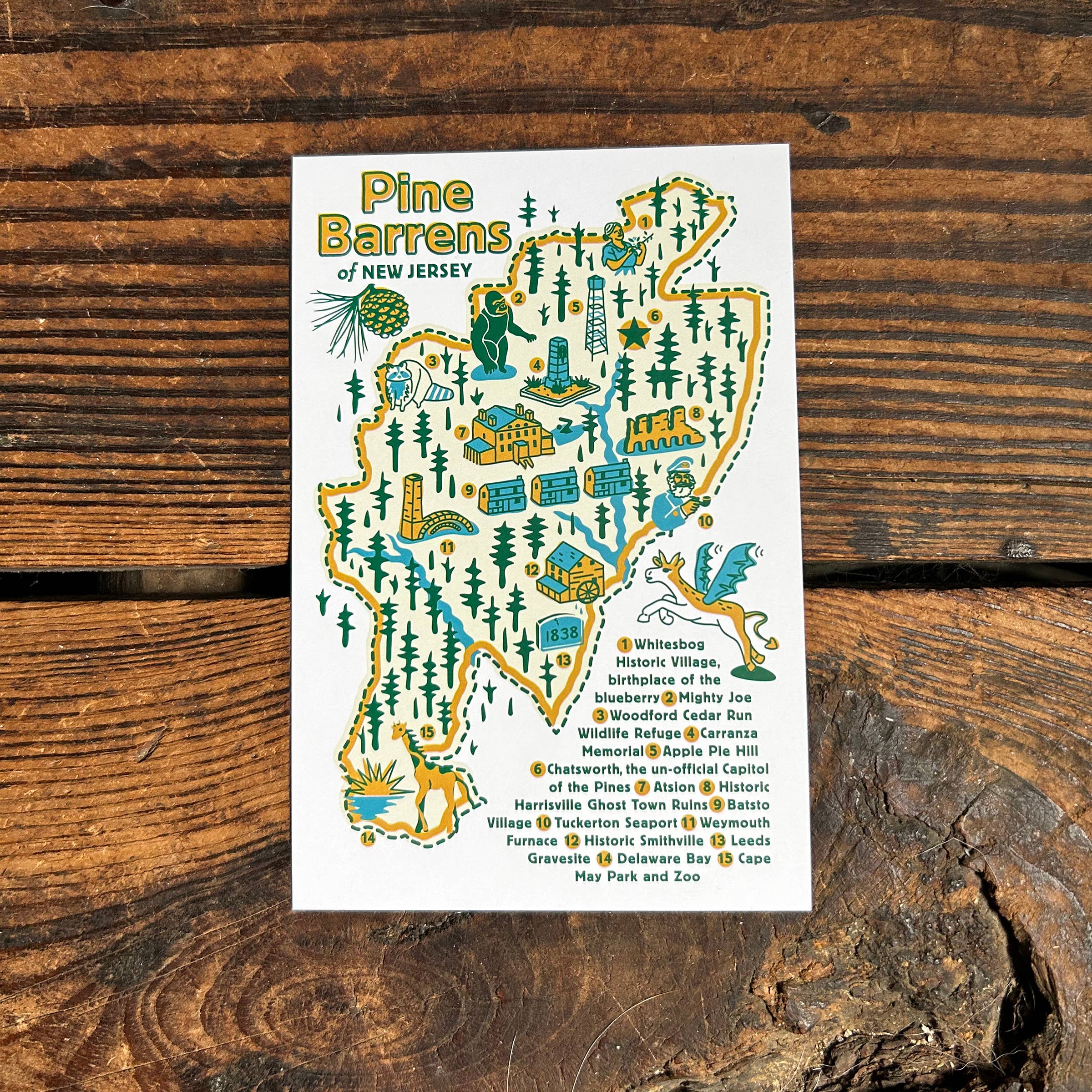 Fresh Fish - Wholesale Postcard - NJ Pine Barrens Map Post Card featuring 15 Attractions