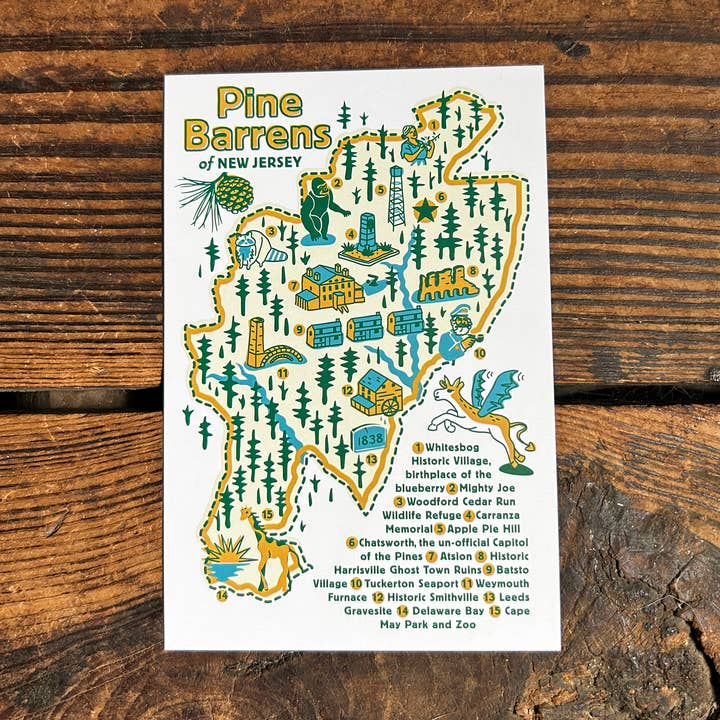 Fresh Fish - Wholesale Postcard - NJ Pine Barrens Map Post Card featuring 15 Attractions0